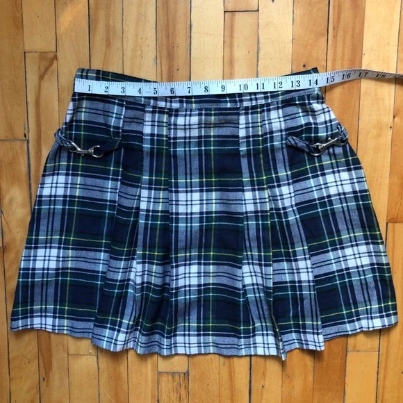 90s Y2K Pleated Green Blue Plaid Mini Kilt Skirt Punk Grunge - Picture 8 of 10